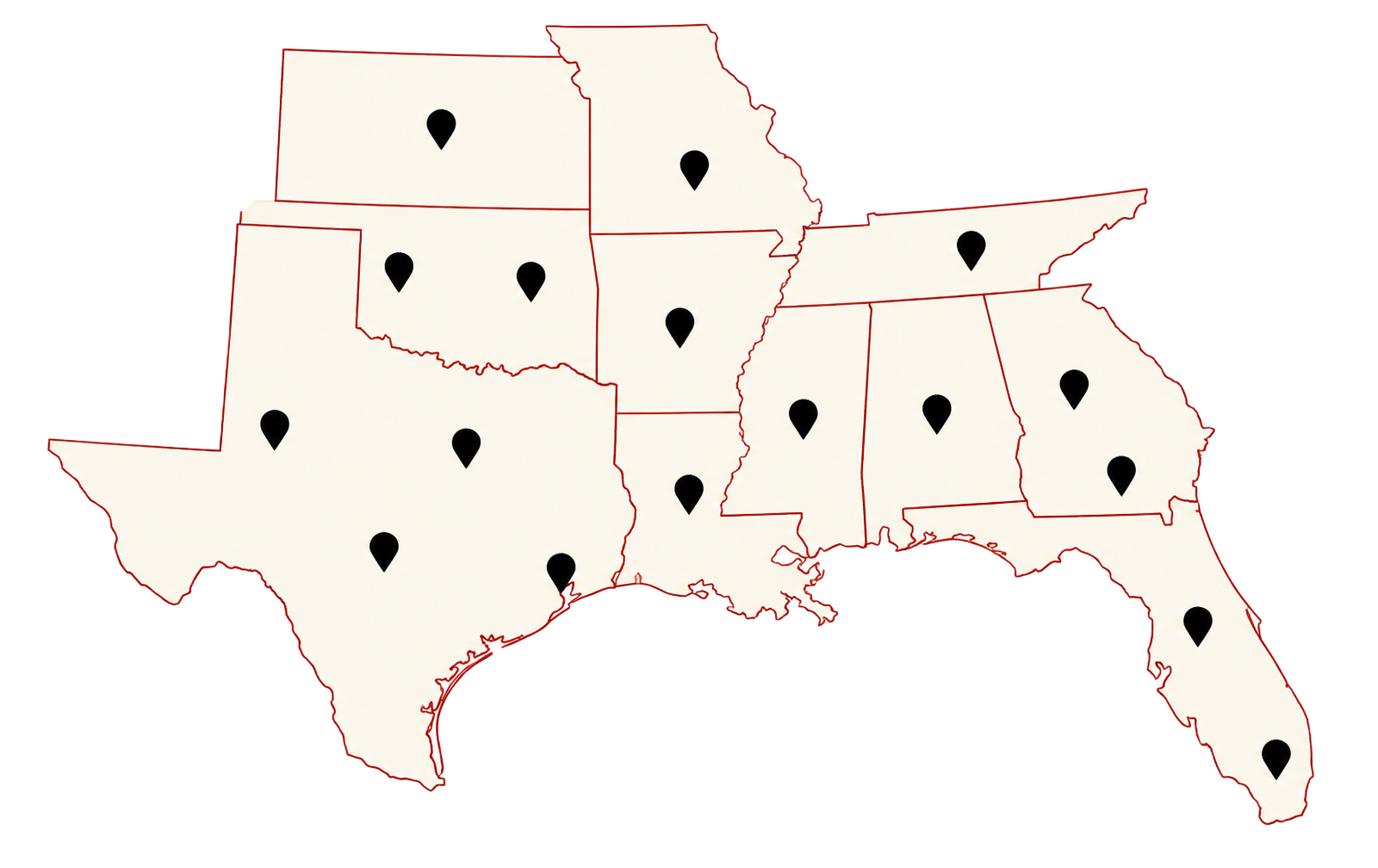 Map of the southern United States showing Skinner Transportation service locations
