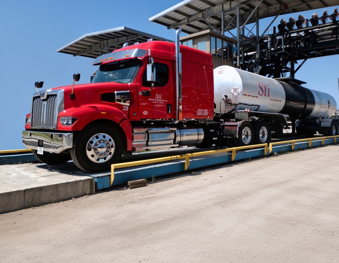 Red Sti tractor with a silver tanker trailer on the loading rack scale